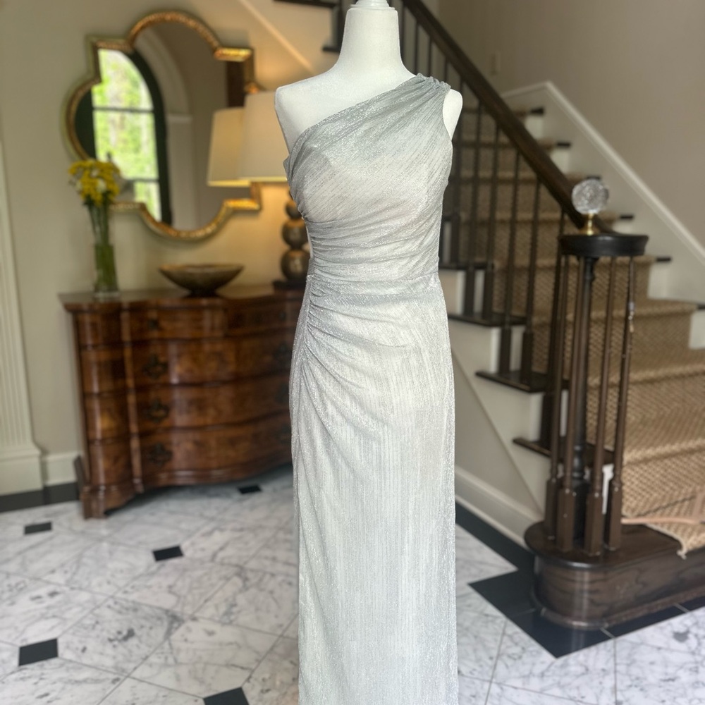 Aidan Mattox Silver Metallic One Shoulder Dress Formal Ruched Maxi - WORN ONCE